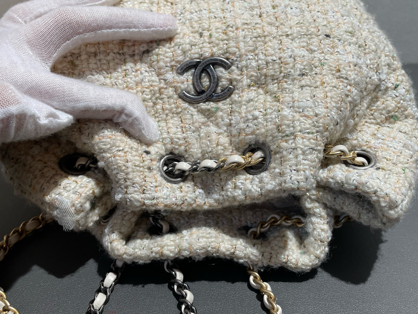 Chanel - Gabrielle Mixed Metal Chain Backpack - Tweed and Calfskin Leather - Milky Yellow (Beige) with Mixed Metal Hardware - (Small)