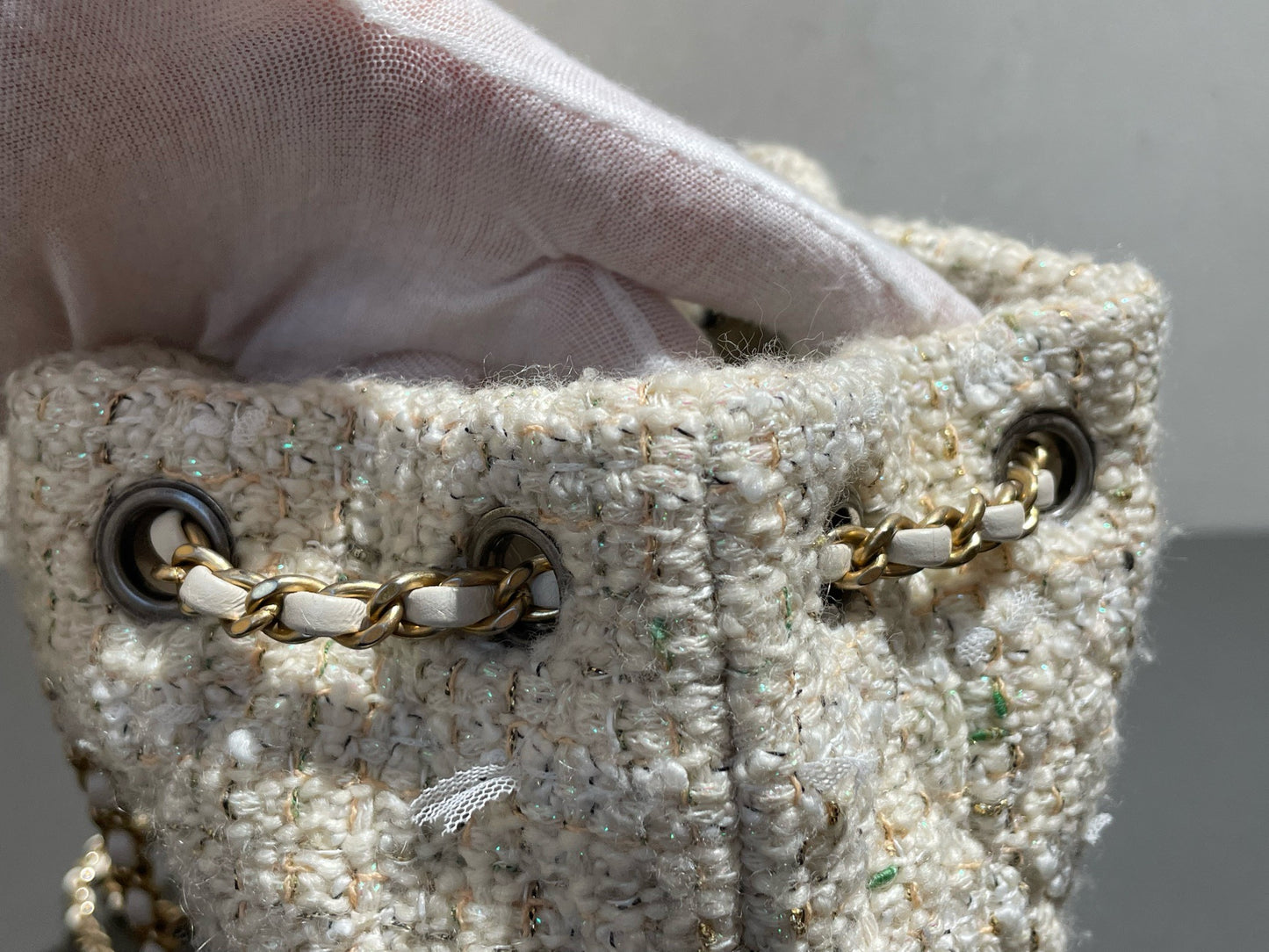 Chanel - Gabrielle Mixed Metal Chain Backpack - Tweed and Calfskin Leather - Milky Yellow (Beige) with Mixed Metal Hardware - (Small)