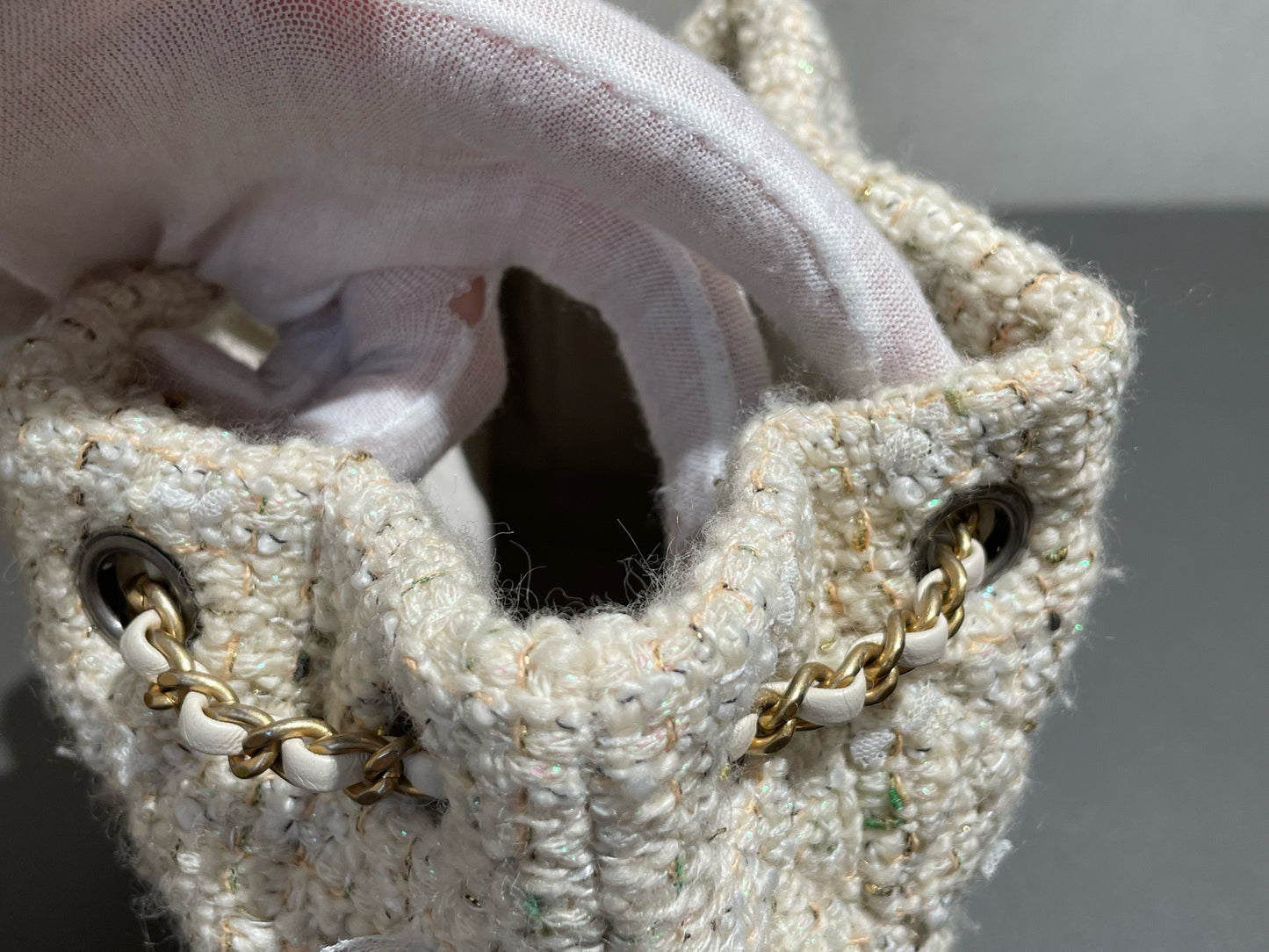 Chanel - Gabrielle Mixed Metal Chain Backpack - Tweed and Calfskin Leather - Milky Yellow (Beige) with Mixed Metal Hardware - (Small)
