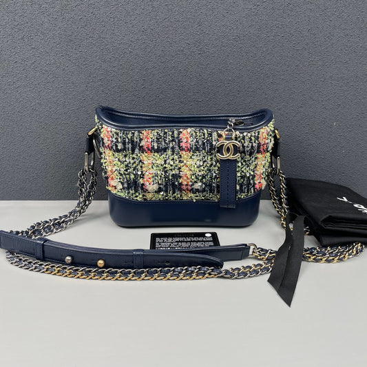 Chanel - Gabrielle Small Hobo Bag - Tweed and calfskin leather - Navy Blue with Multicolour Tweed - (small)