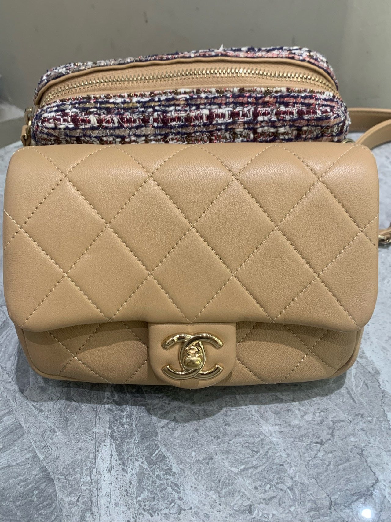 Chanel - Gemini Double Bag - Lambskin leather and Tweed - Beige and Multicolour - (mini)