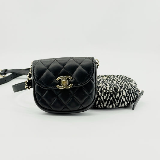 Chanel - Gemini Waist Bag Set with Coin Purse - Lambskin leather and Tweed - Black and White - (mini)