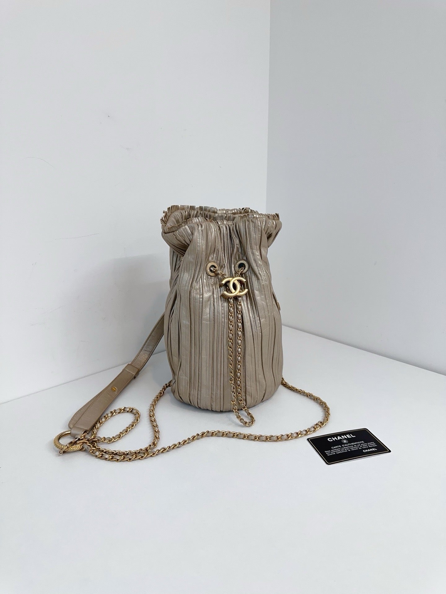Chanel - Greek Pleats Coin Bucket Bag - Leather - Gold - (small)