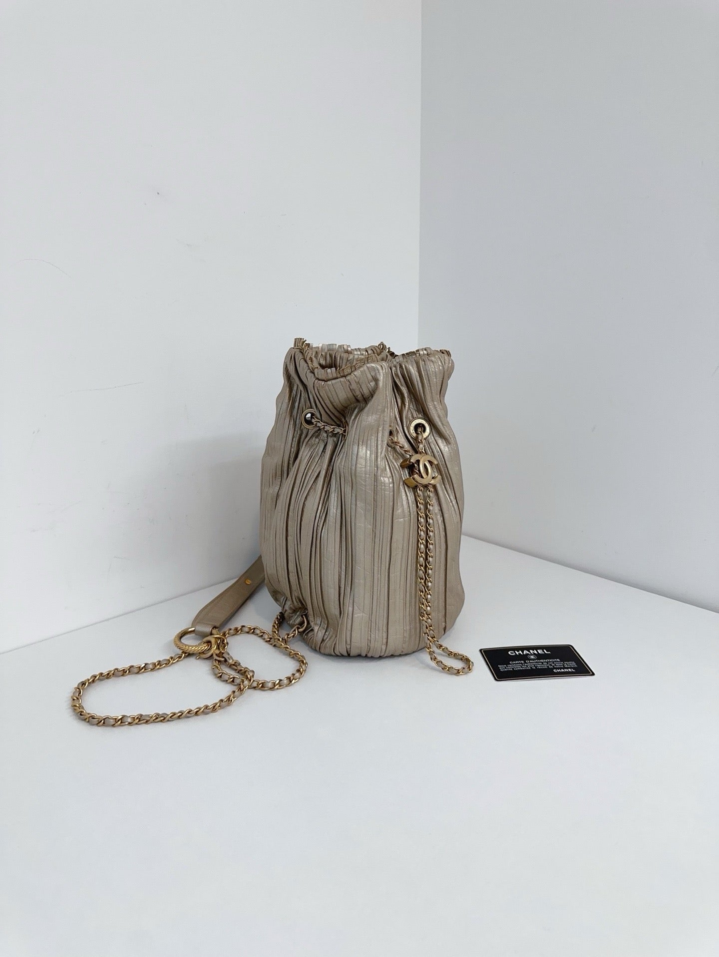 Chanel - Greek Pleats Coin Bucket Bag - Leather - Gold - (small)