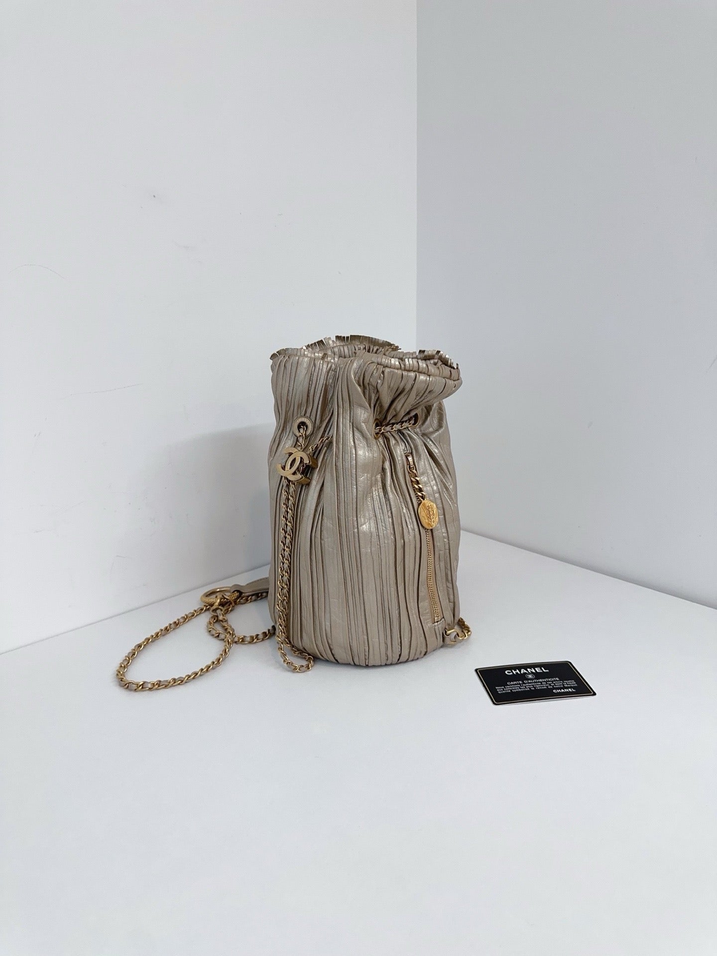 Chanel - Greek Pleats Coin Bucket Bag - Leather - Gold - (small)