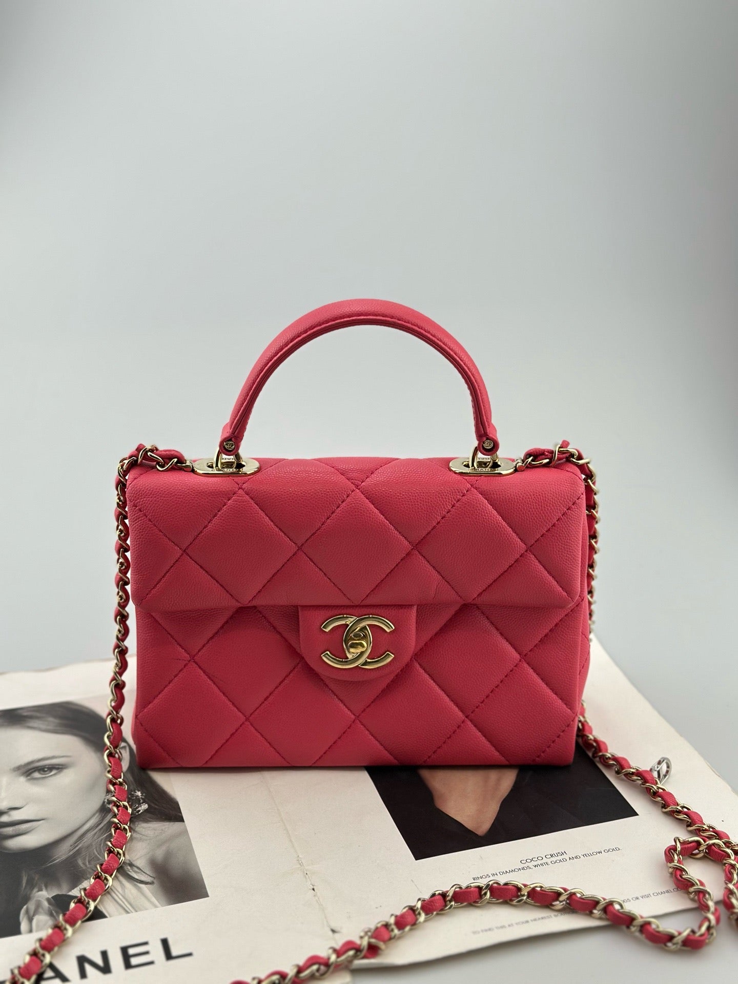 Chanel - Kelly Handle Flap Bag - Grained calfskin leather - Pink - (mini)