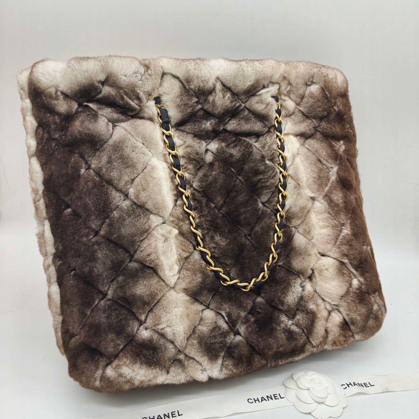 Chanel - Large Tote Bag with Pouch - Rabbit fur and Polyamide nylon with leather trim - Brown, Beige, and Black with Gold-Tone Hardware - (large)