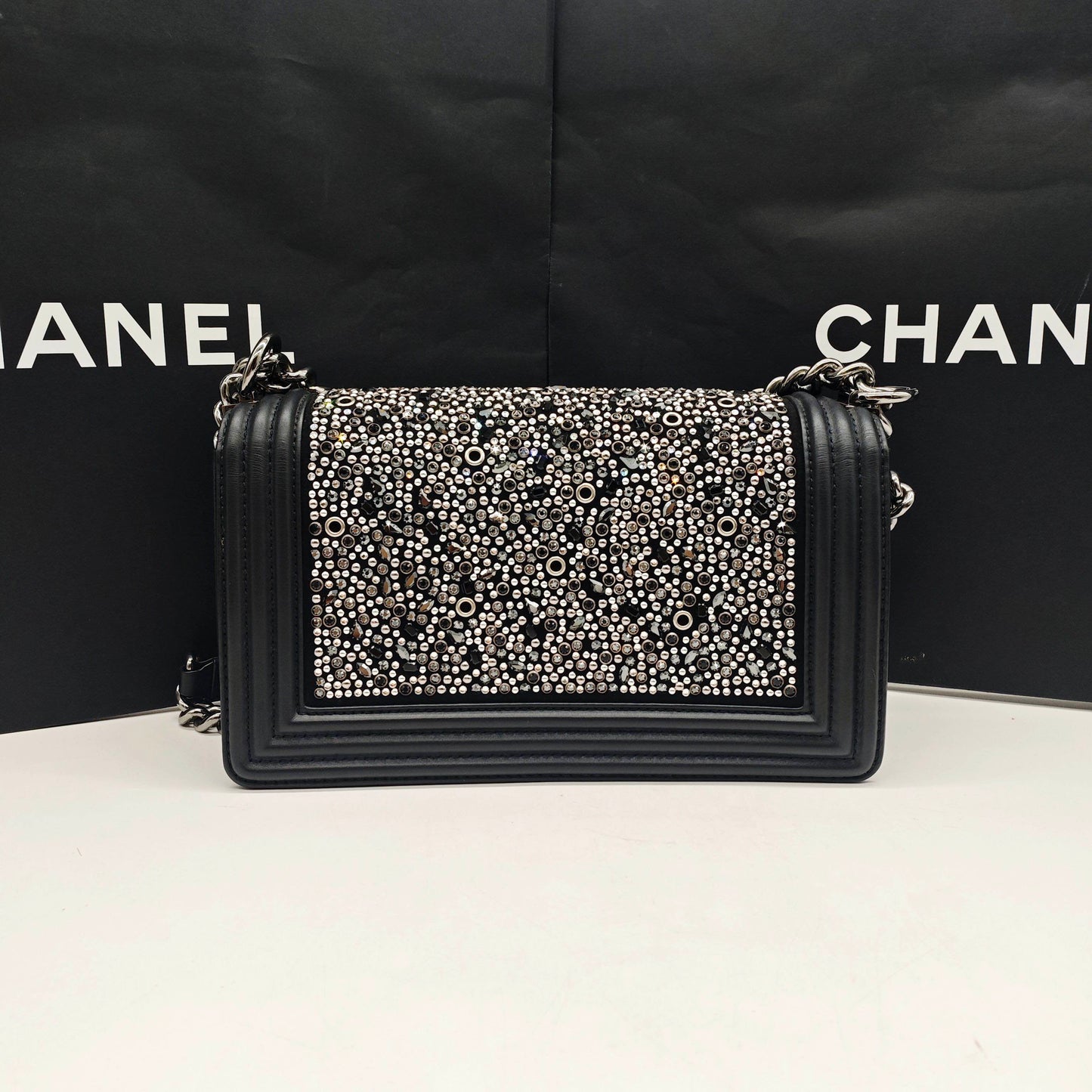 Chanel - Le Boy (Medium) - Goatskin leather with crystal embellishments - Black - (Medium)