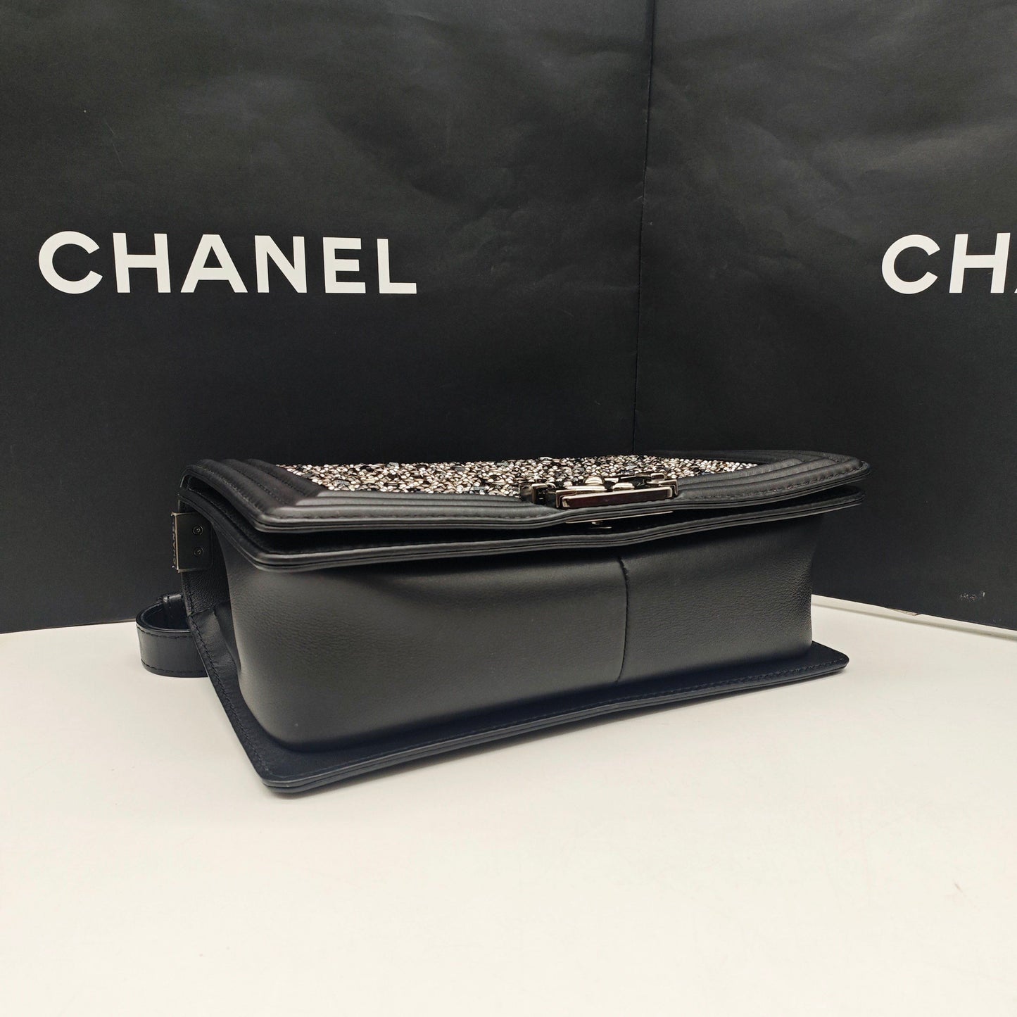 Chanel - Le Boy (Medium) - Goatskin leather with crystal embellishments - Black - (Medium)