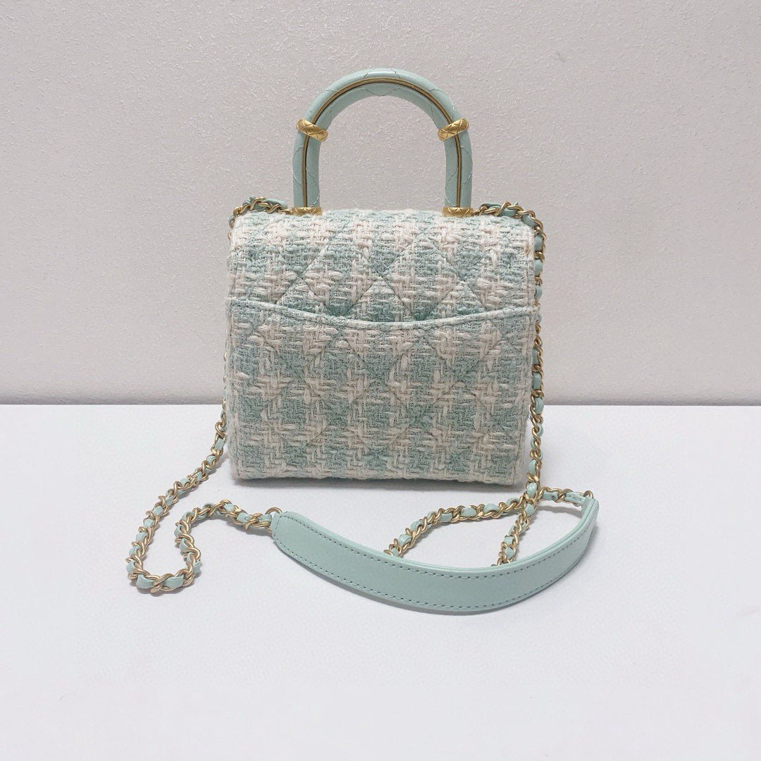 Chanel - Milk Box Chain Bag with Top Handle - Tweed and Leather - Mint Green and White with Light Gold-Tone Hardware - (mini)