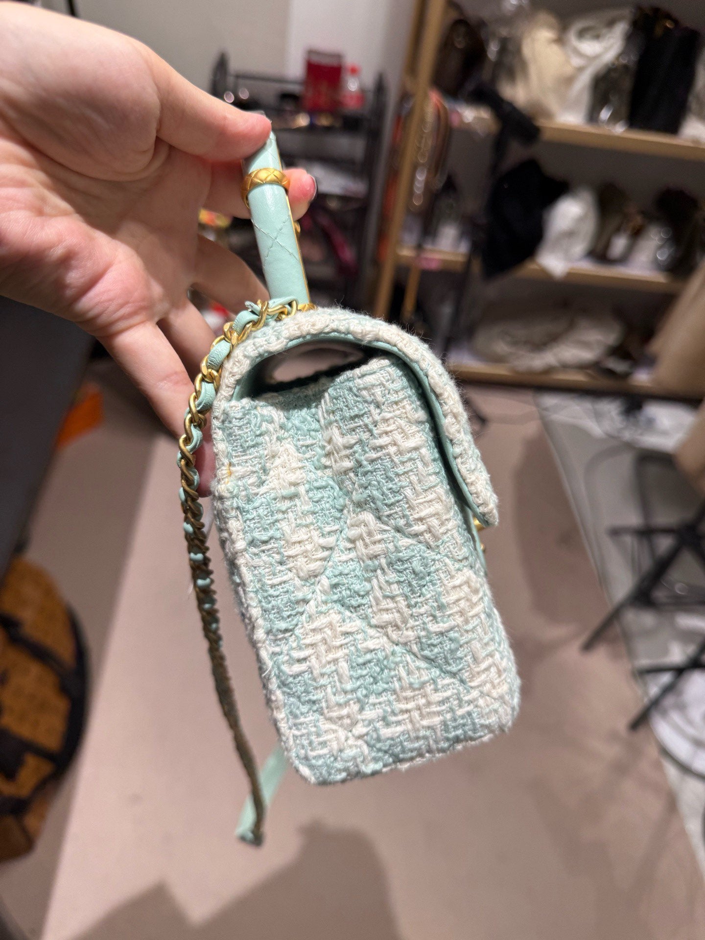 Chanel - Milk Box Chain Bag with Top Handle - Tweed and Leather - Mint Green and White with Light Gold-Tone Hardware - (mini)