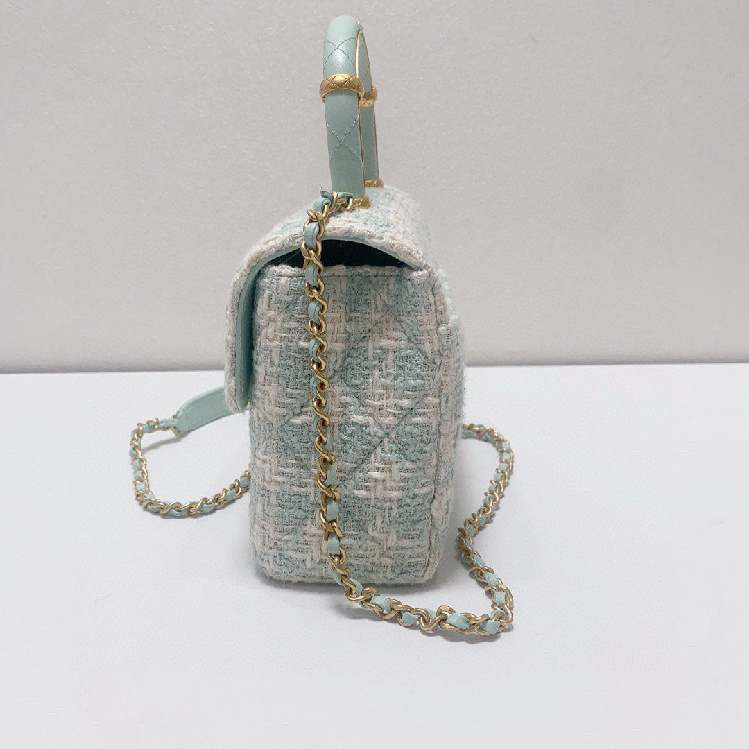 Chanel - Milk Box Chain Bag with Top Handle - Tweed and Leather - Mint Green and White with Light Gold-Tone Hardware - (mini)
