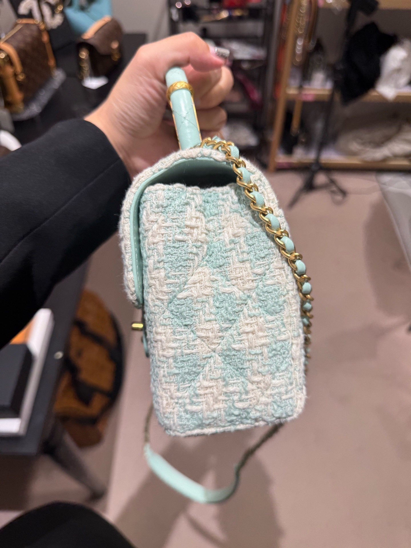 Chanel - Milk Box Chain Bag with Top Handle - Tweed and Leather - Mint Green and White with Light Gold-Tone Hardware - (mini)