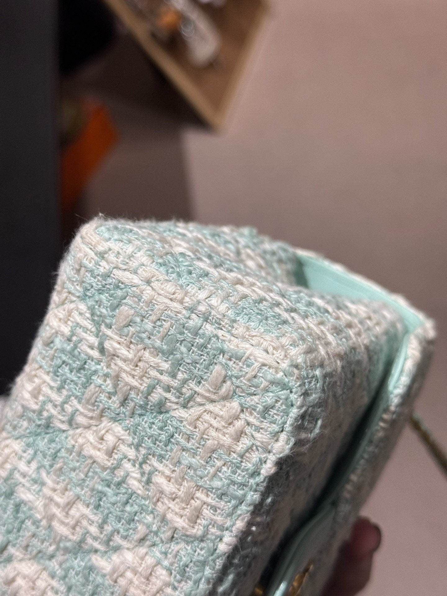 Chanel - Milk Box Chain Bag with Top Handle - Tweed and Leather - Mint Green and White with Light Gold-Tone Hardware - (mini)