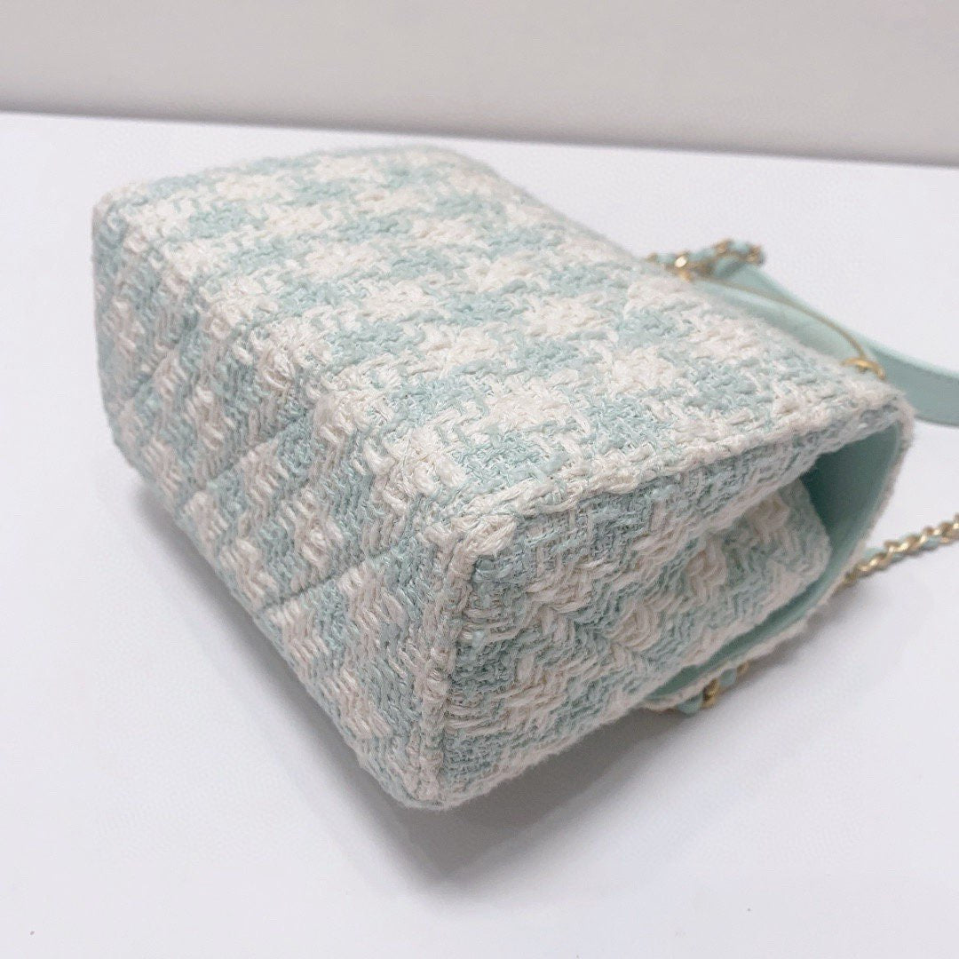Chanel - Milk Box Chain Bag with Top Handle - Tweed and Leather - Mint Green and White with Light Gold-Tone Hardware - (mini)