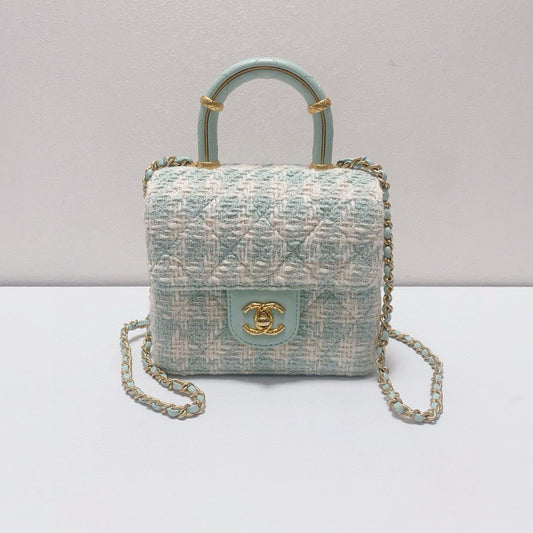 Chanel - Milk Box Chain Bag with Top Handle - Tweed and Leather - Mint Green and White with Light Gold-Tone Hardware - (mini)