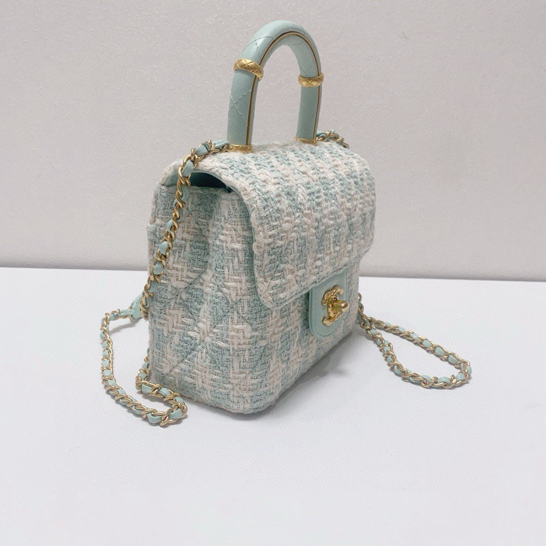 Chanel - Milk Box Chain Bag with Top Handle - Tweed and Leather - Mint Green and White with Light Gold-Tone Hardware - (mini)