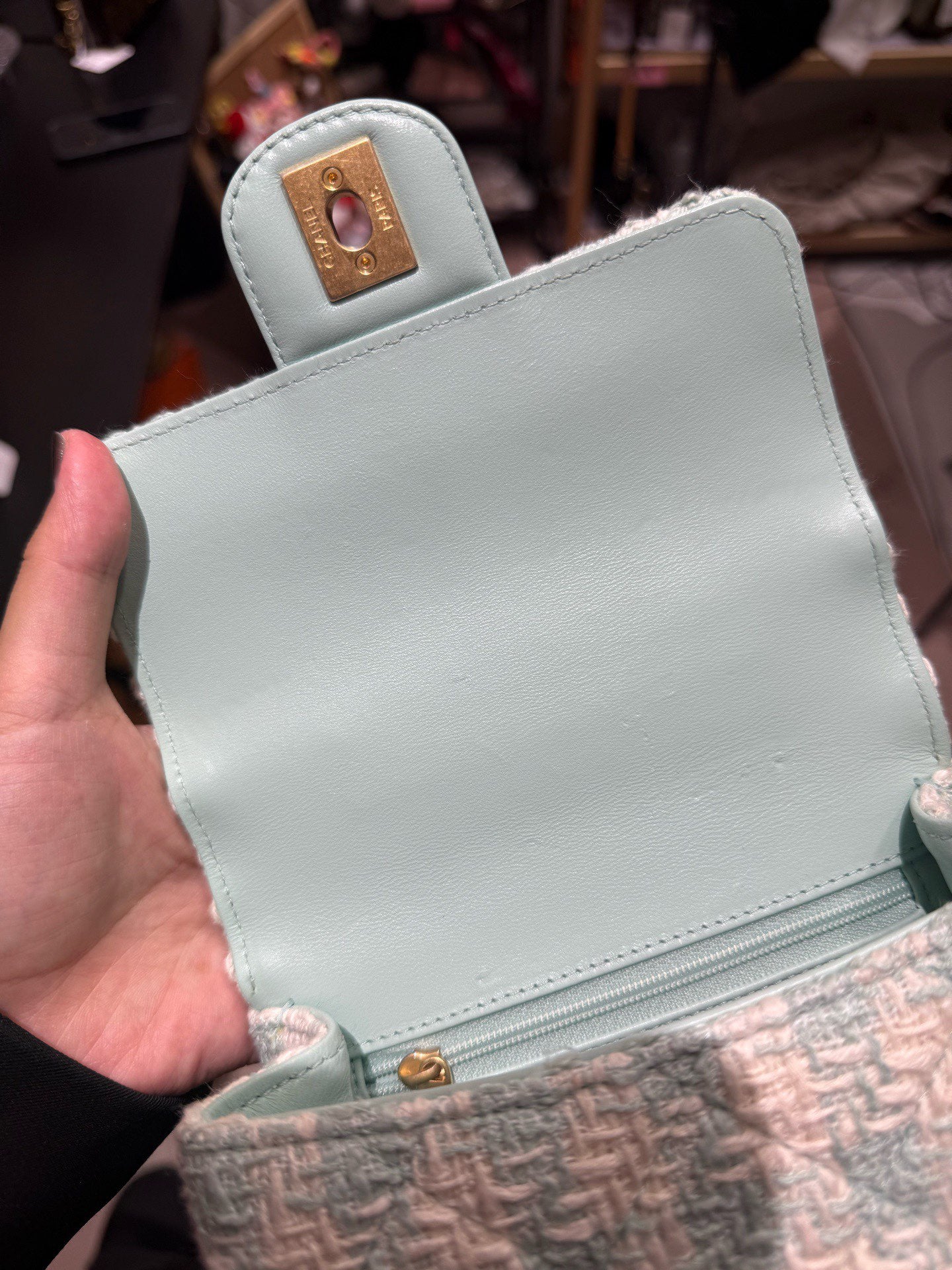 Chanel - Milk Box Chain Bag with Top Handle - Tweed and Leather - Mint Green and White with Light Gold-Tone Hardware - (mini)