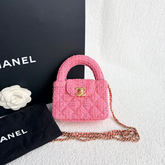 Chanel - Mini Kelly Top Handle Flap Bag - Tweed - Pink with Gold-Tone Hardware - (mini)