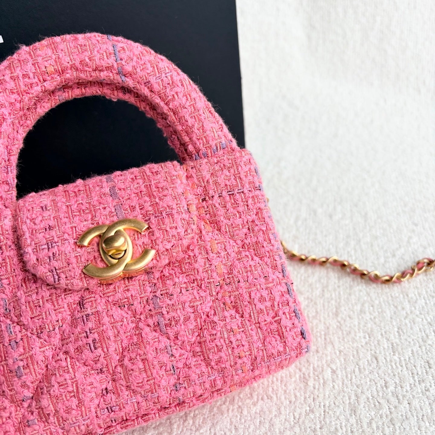 Chanel - Mini Kelly Top Handle Flap Bag - Tweed - Pink with Gold-Tone Hardware - (mini)
