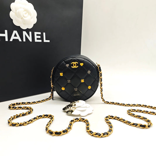 Chanel - Mini Round Bag with Emblems - Lambskin leather - Black - (Mini)