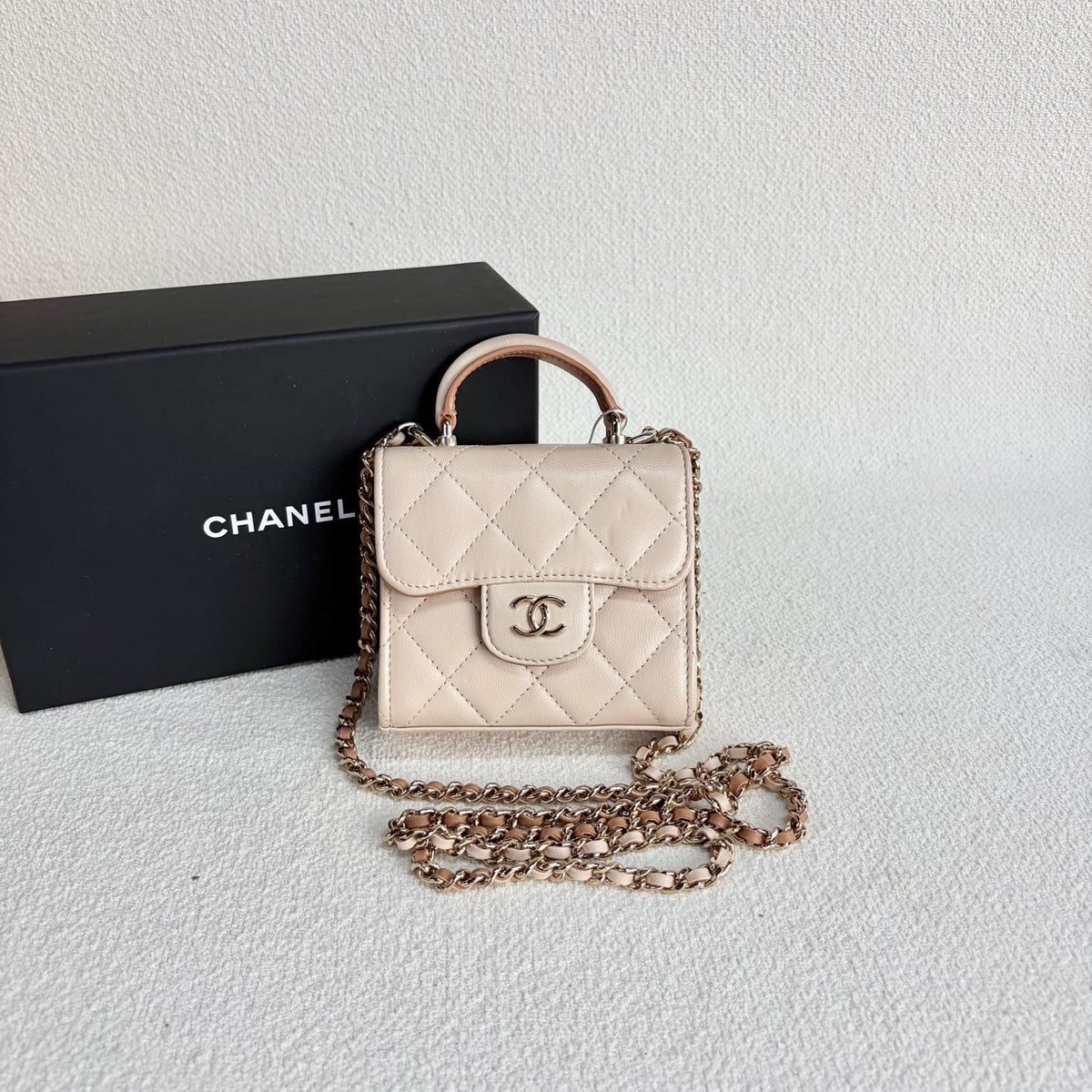Chanel - Mini Top Handle Flap Bag - Leather - Beige - (mini)