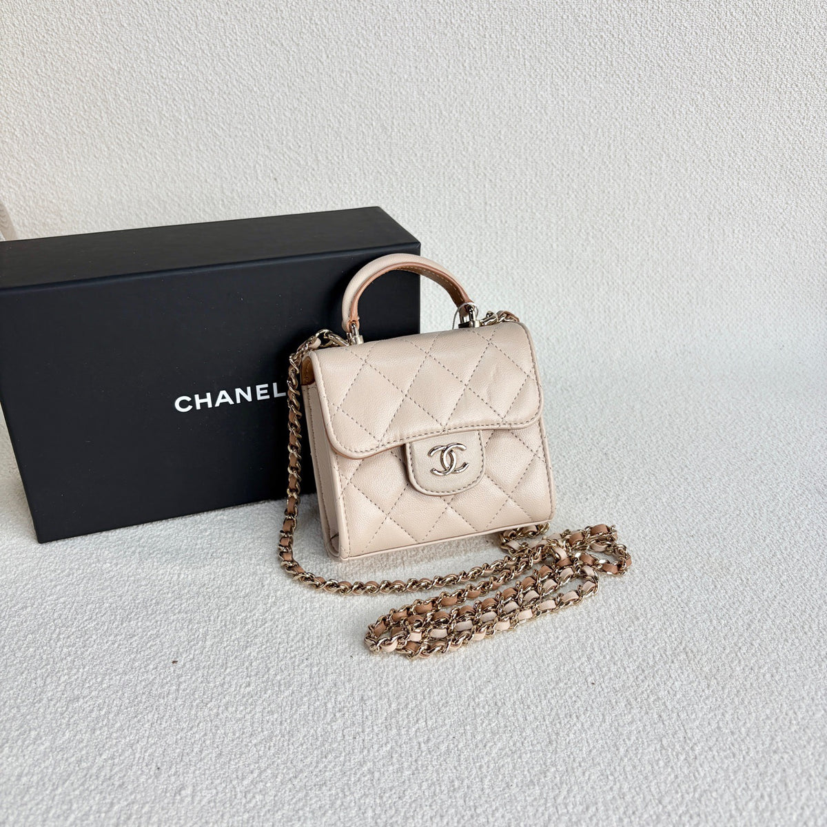 Chanel - Mini Top Handle Flap Bag - Leather - Beige - (mini)
