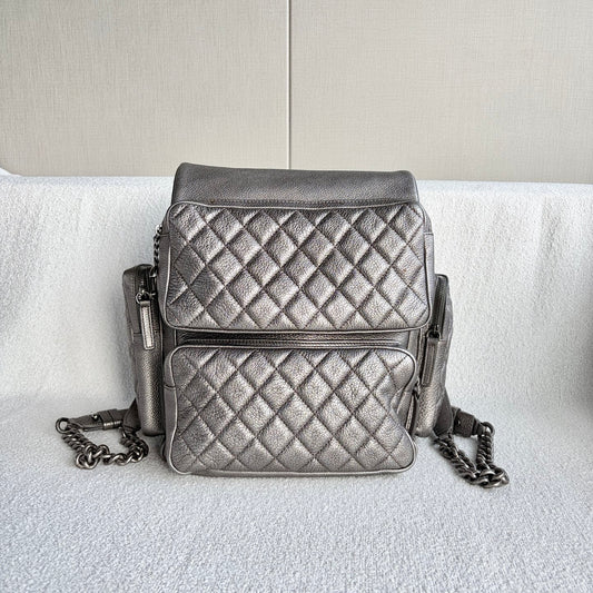 Chanel - Multi-pocket Biker Backpack - Grained leather - Silver - (medium)