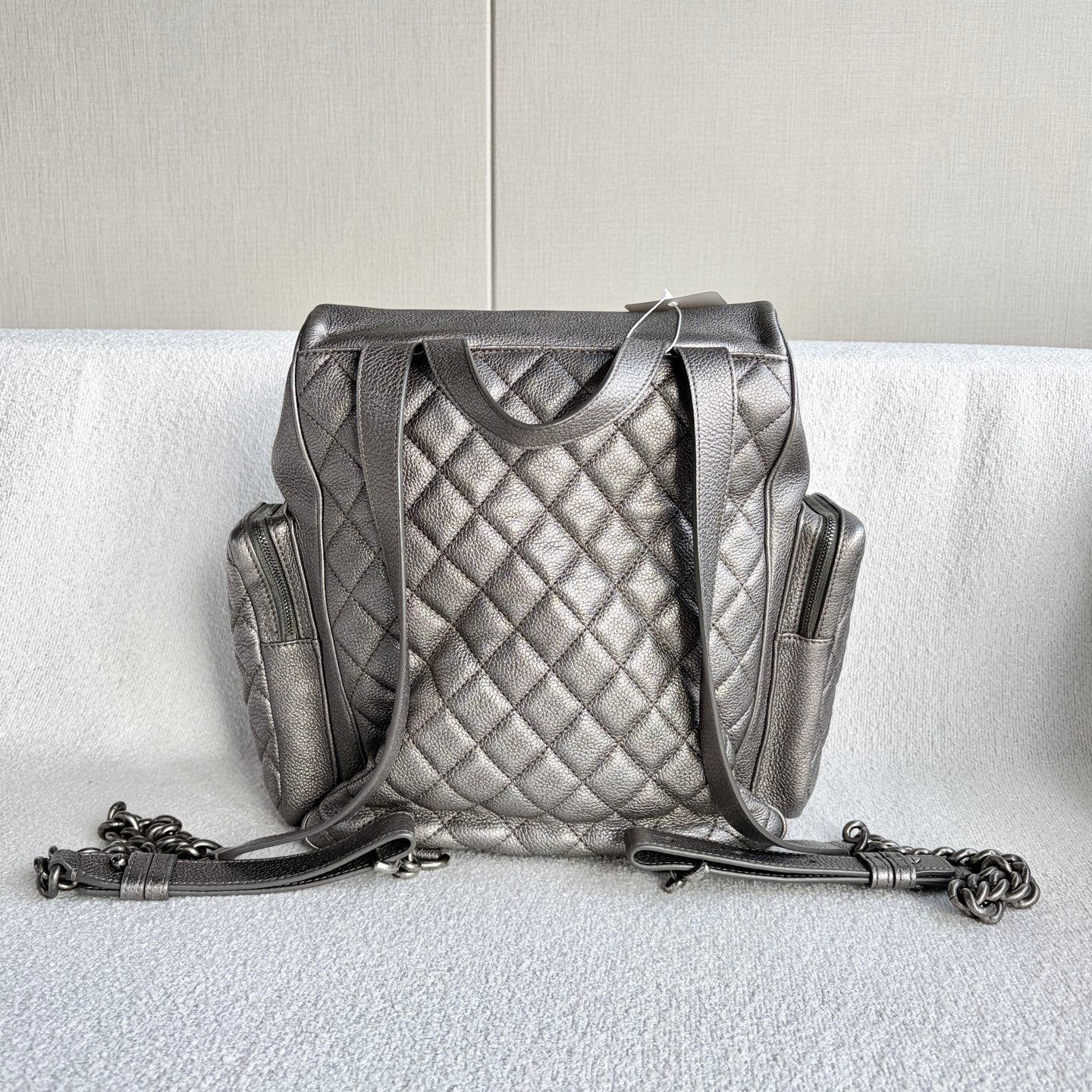 Chanel - Multi-pocket Biker Backpack - Grained leather - Silver - (medium)
