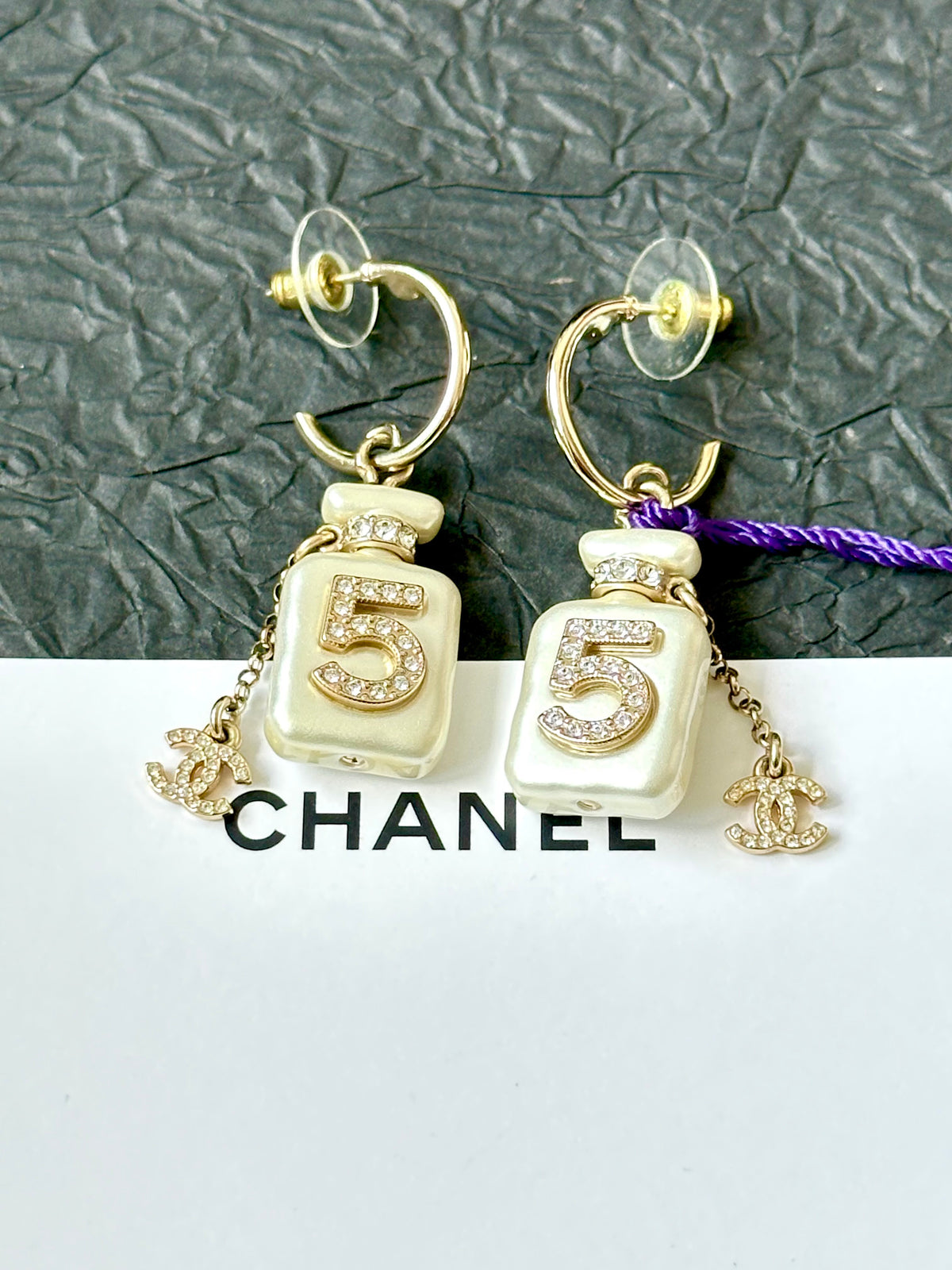 Chanel - No. 5 Perfume Bottle - Gold-tone metal with pearl-effect bottle charms and clear rhinestone embellishments. - Gold