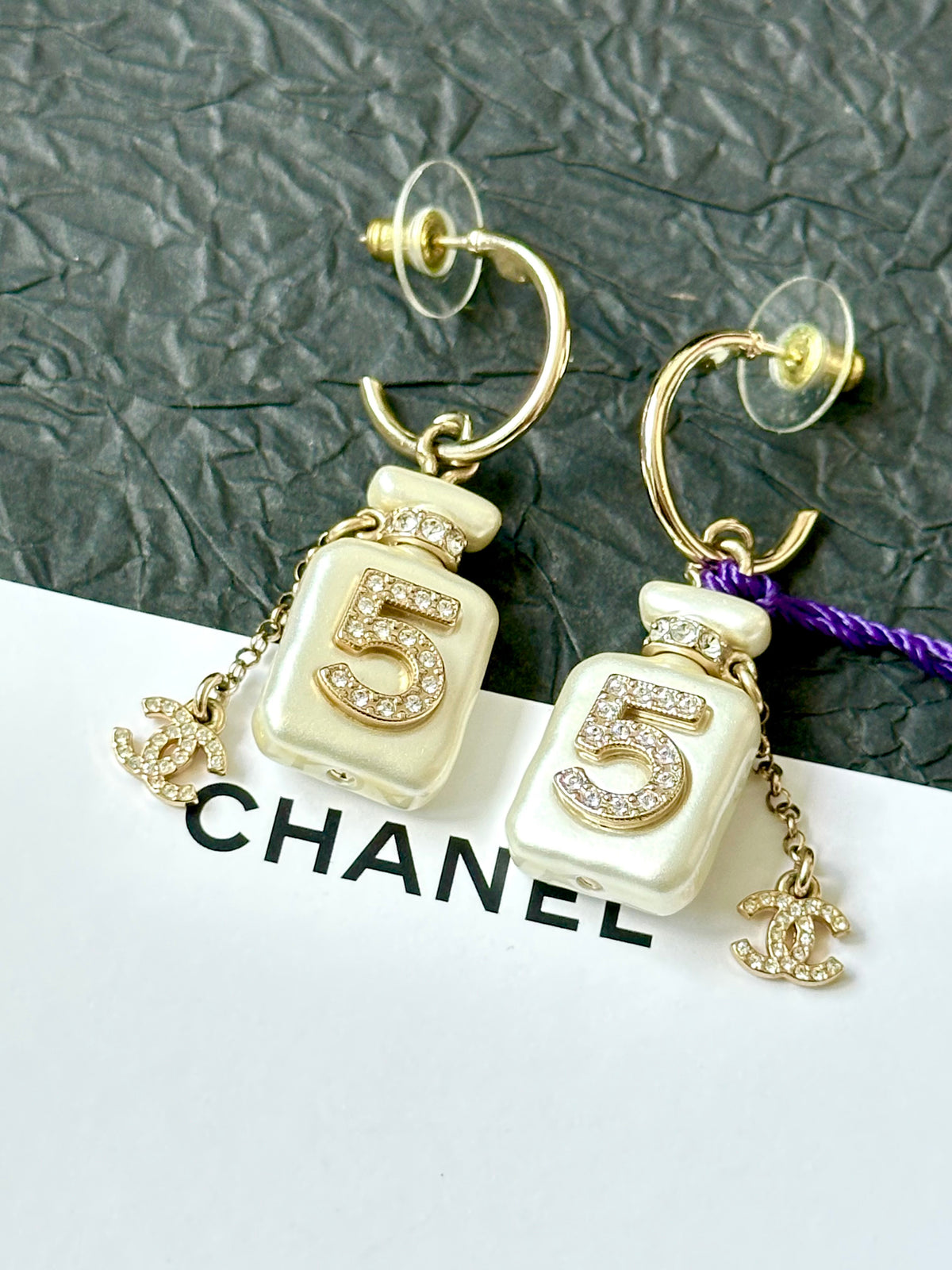 Chanel - No. 5 Perfume Bottle - Gold-tone metal with pearl-effect bottle charms and clear rhinestone embellishments. - Gold
