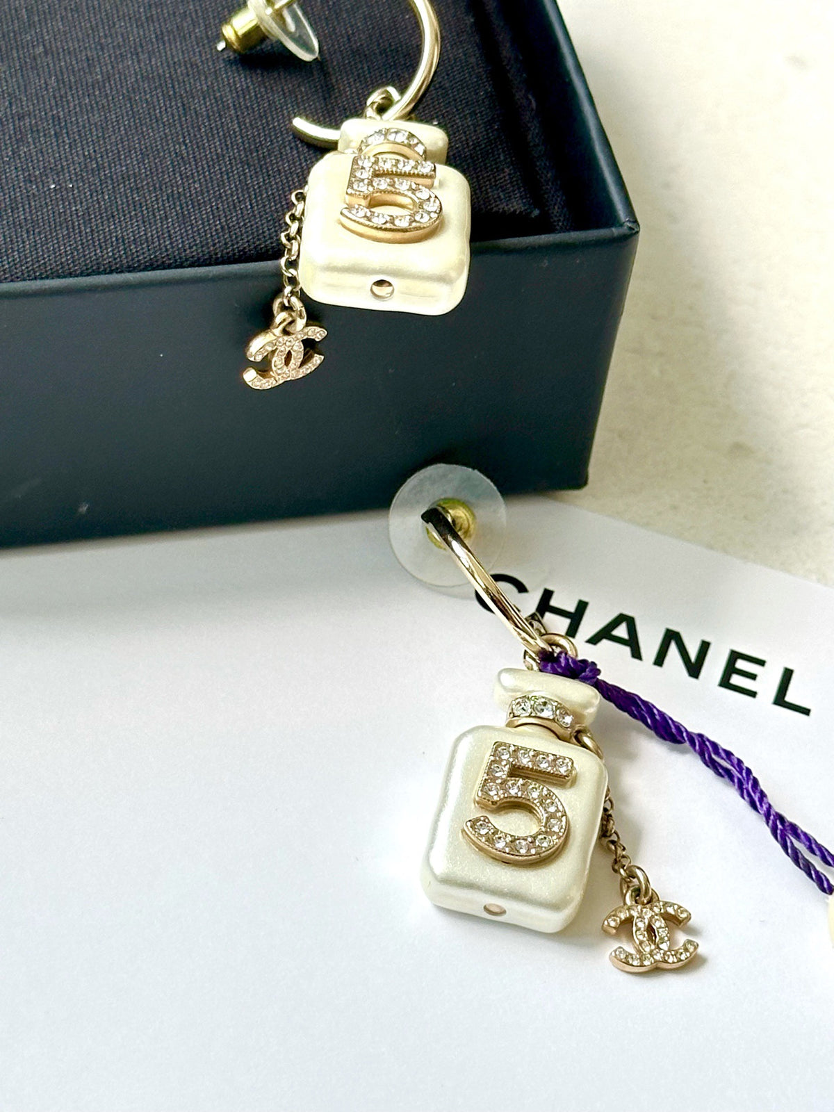 Chanel - No. 5 Perfume Bottle - Gold-tone metal with pearl-effect bottle charms and clear rhinestone embellishments. - Gold