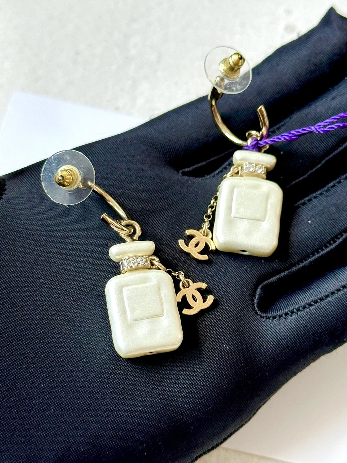Chanel - No. 5 Perfume Bottle - Gold-tone metal with pearl-effect bottle charms and clear rhinestone embellishments. - Gold