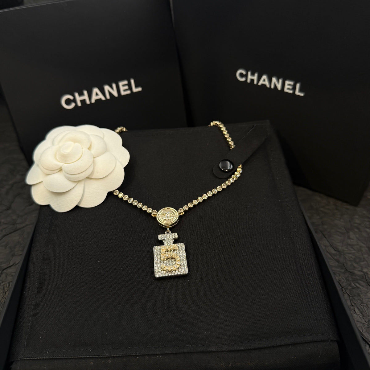 Chanel - No. 5 Perfume Bottle Necklace - Crystal - Gold