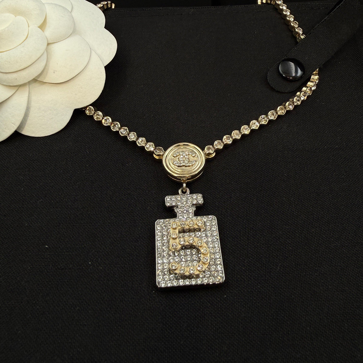 Chanel - No. 5 Perfume Bottle Necklace - Crystal - Gold