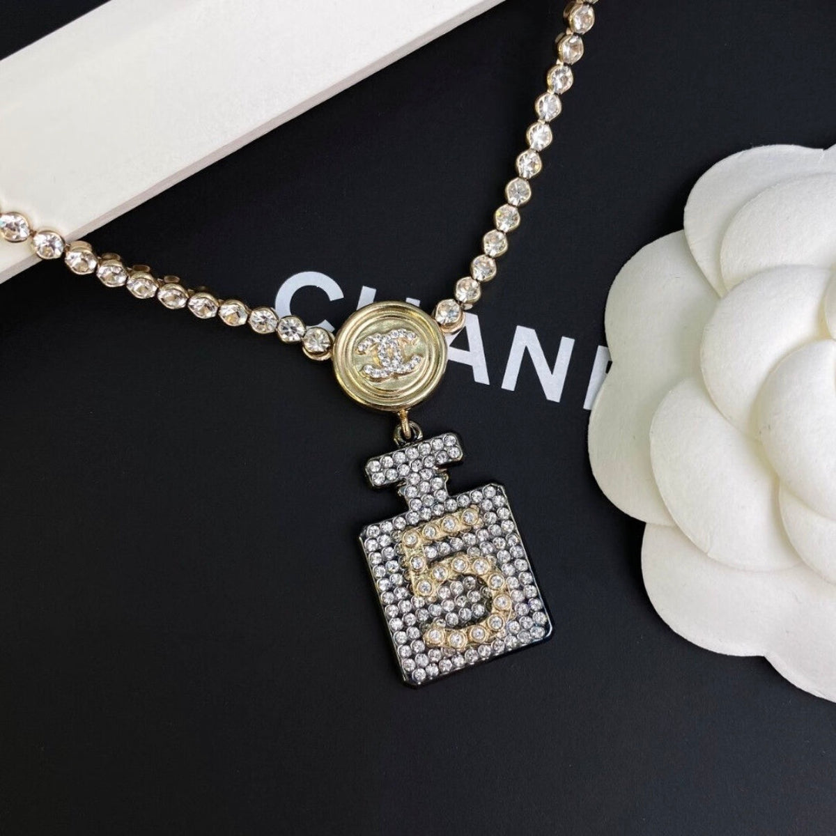Chanel - No. 5 Perfume Bottle Necklace - Crystal - Gold