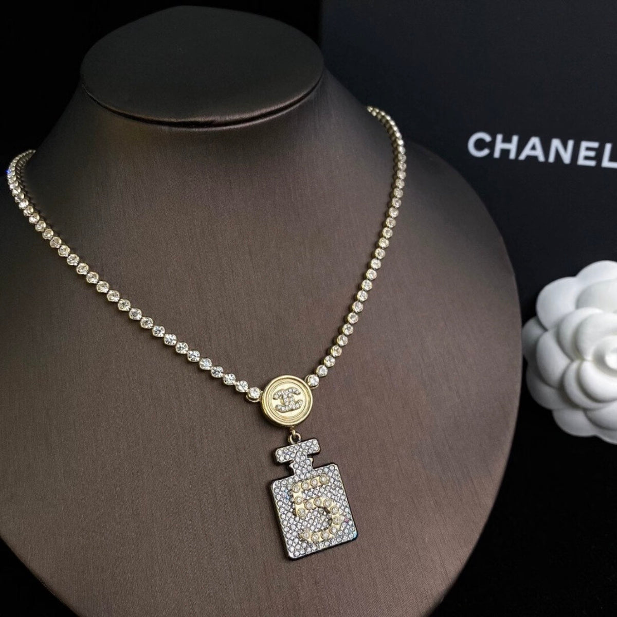 Chanel - No. 5 Perfume Bottle Necklace - Crystal - Gold