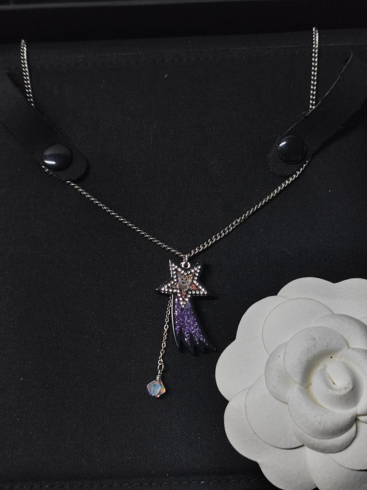 Chanel - Other - Costume jewellery metal with rhinestone embellishments and an acrylic or resin pendant. - Purple