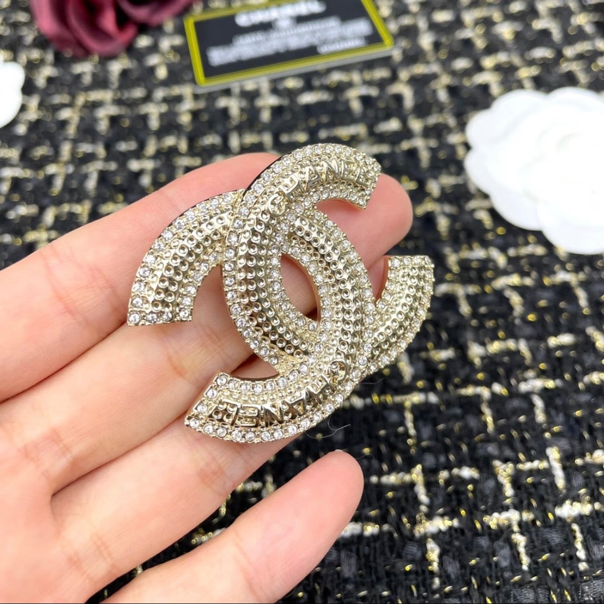 Chanel - Other - Gold-tone base metal with clear glass rhinestones - Gold