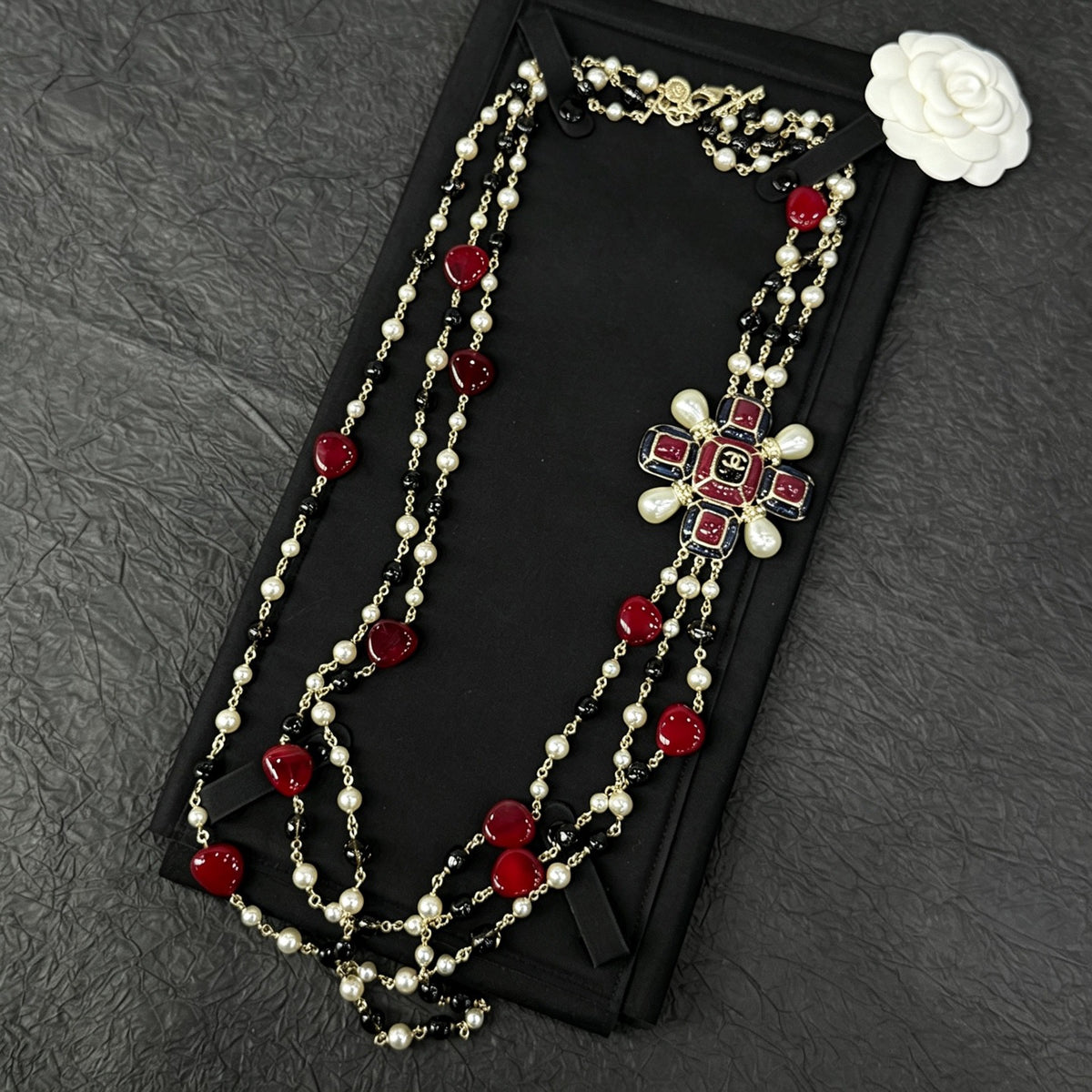 Chanel - Other - Gold-tone base metal with imitation pearls, enamel and resin beads. - Multicolour
