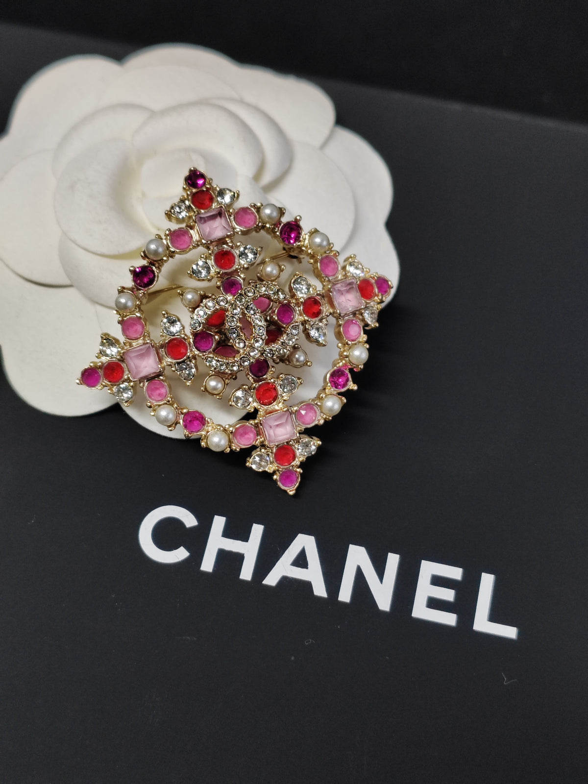 Chanel - Other - Gold-tone base metal with multicolour rhinestones and imitation pearls. - Multicolour