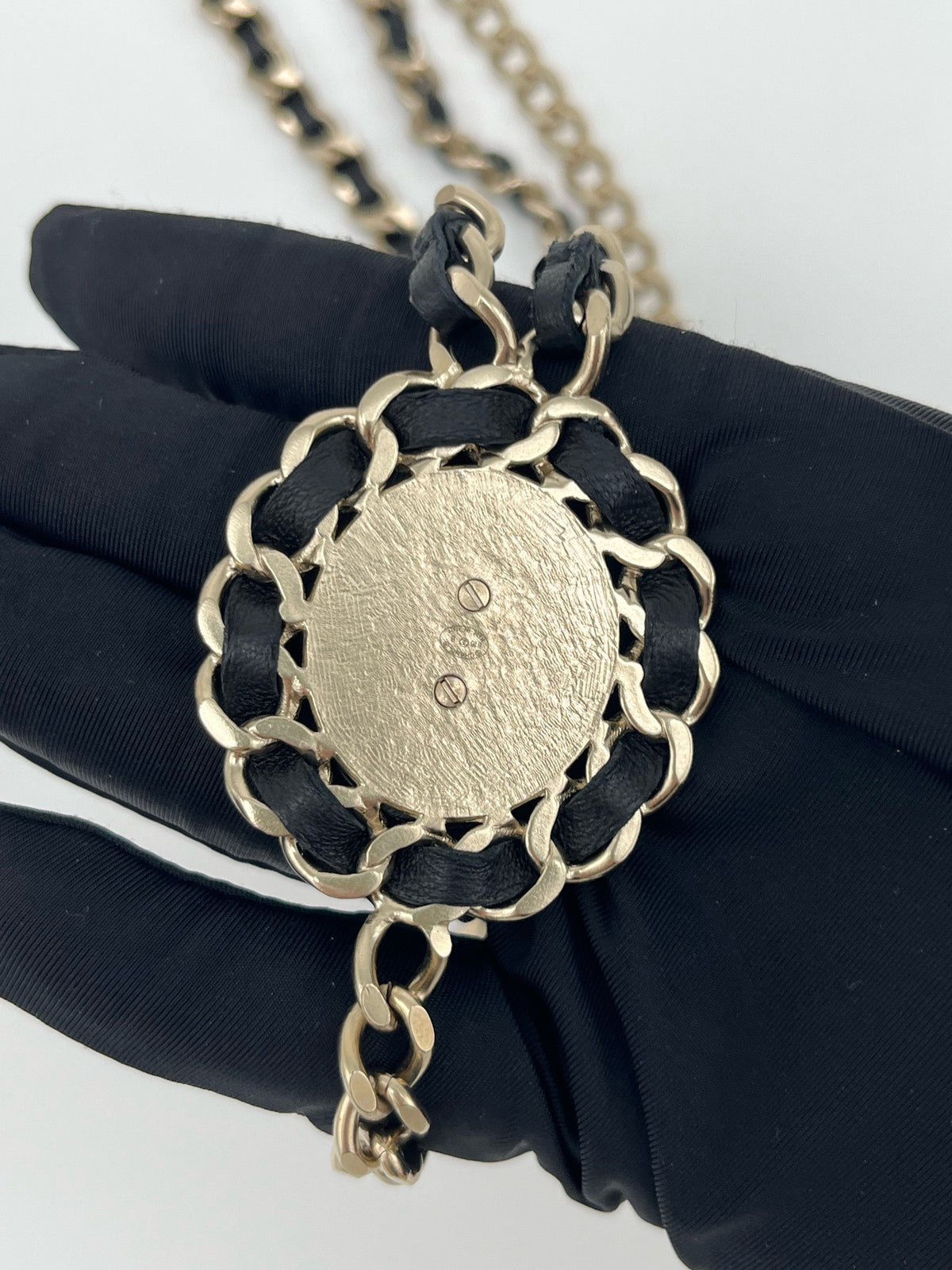 Chanel - Other - Gold-tone metal chain with black leather woven through it. - Multicolour - (Mid-length)
