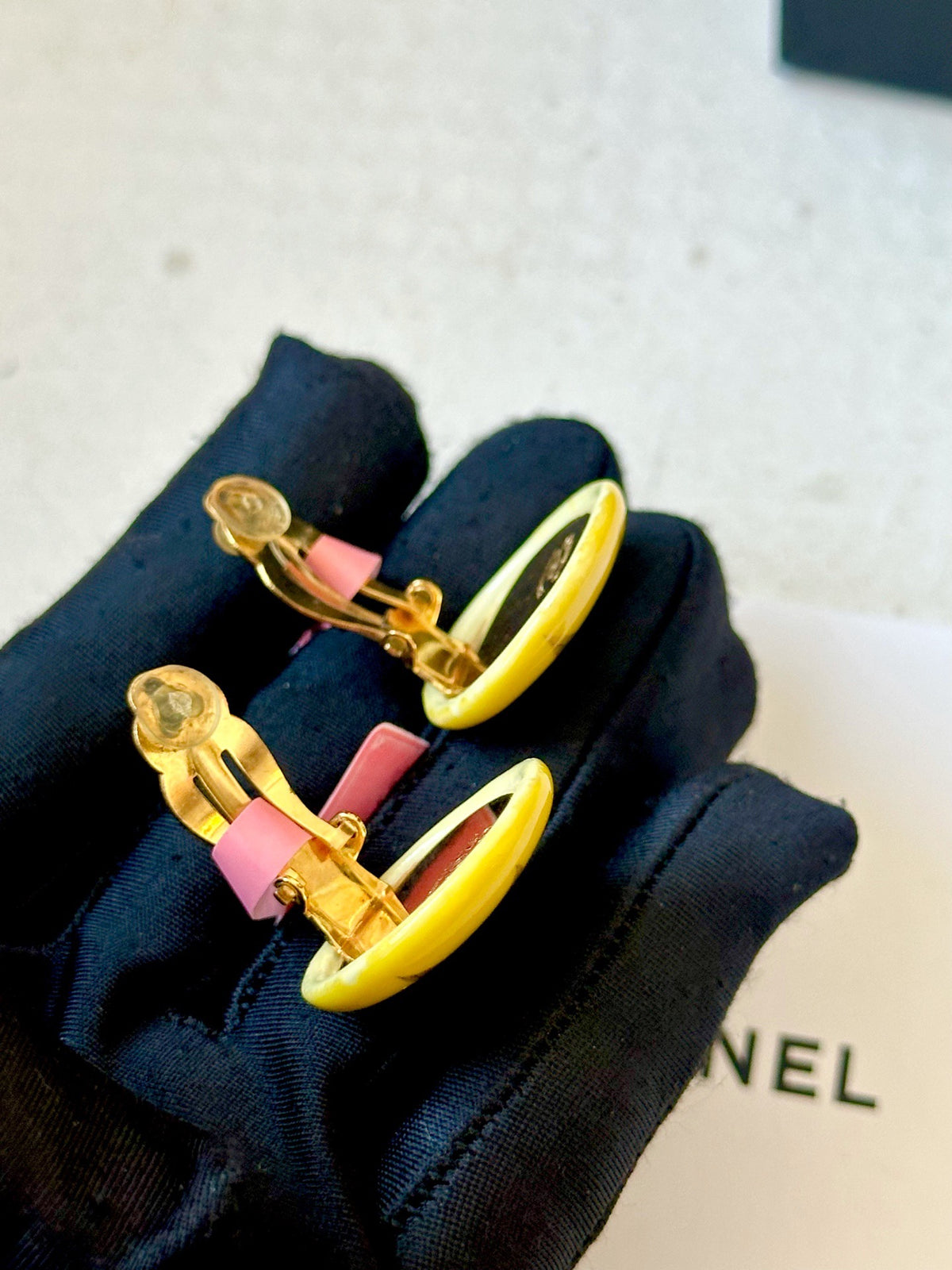 Chanel - Other - Gold-tone metal clip fittings with yellow resin-like decorative discs. - Yellow
