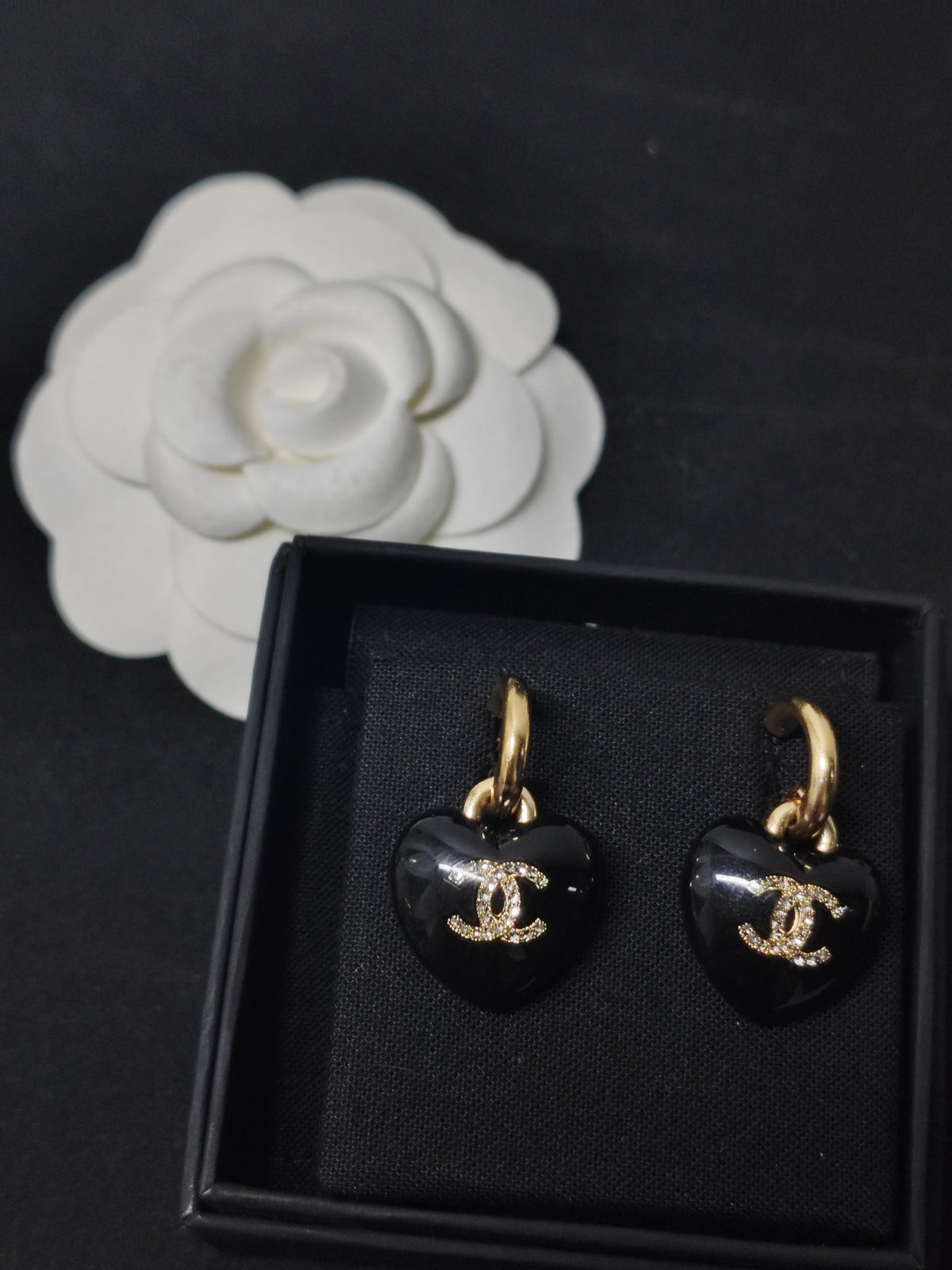 Chanel - Other - Gold-tone metal with black heart-shaped resin elements and crystal embellishment; composition not confirmed. - Black