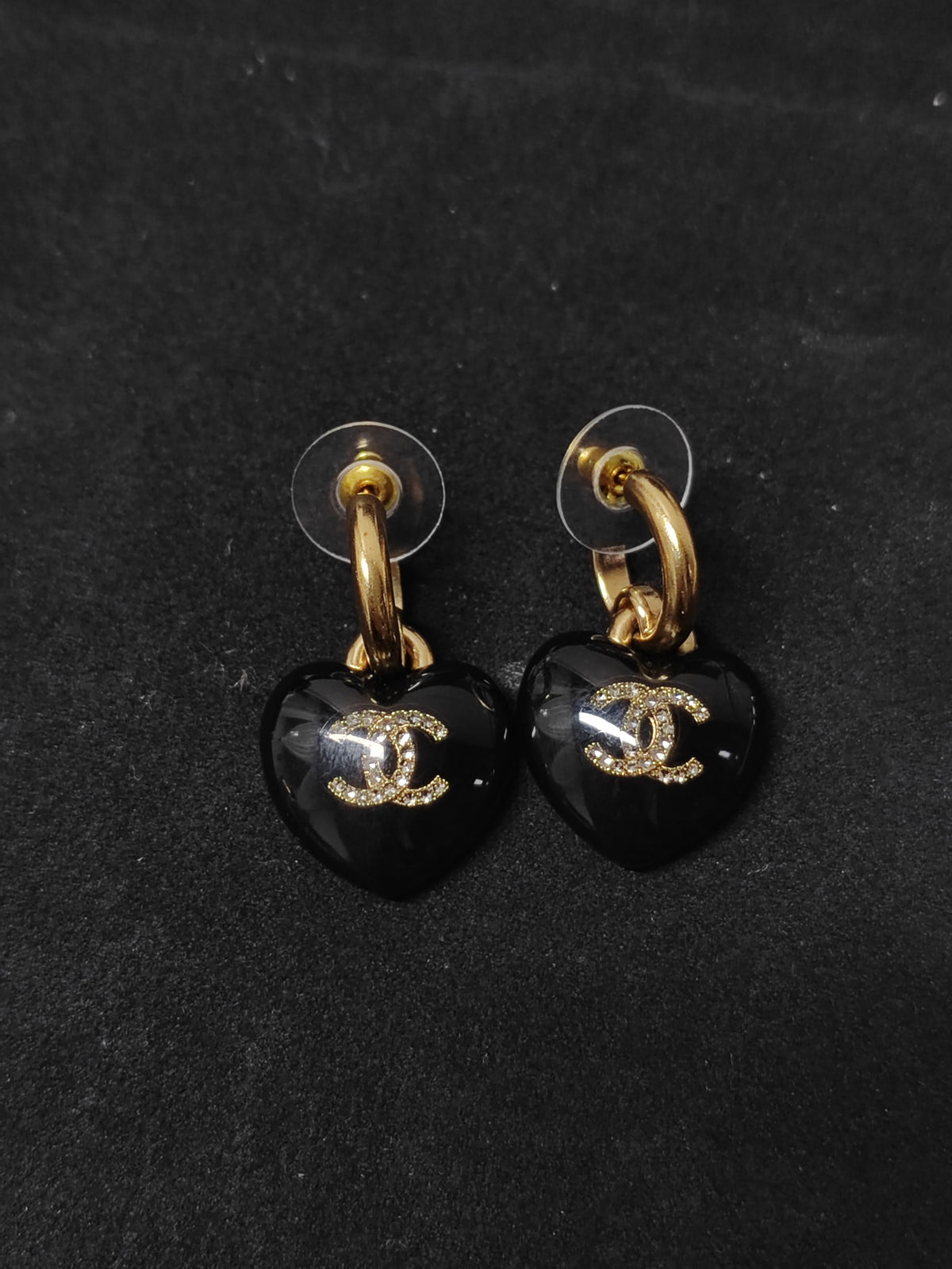 Chanel - Other - Gold-tone metal with black heart-shaped resin elements and crystal embellishment; composition not confirmed. - Black
