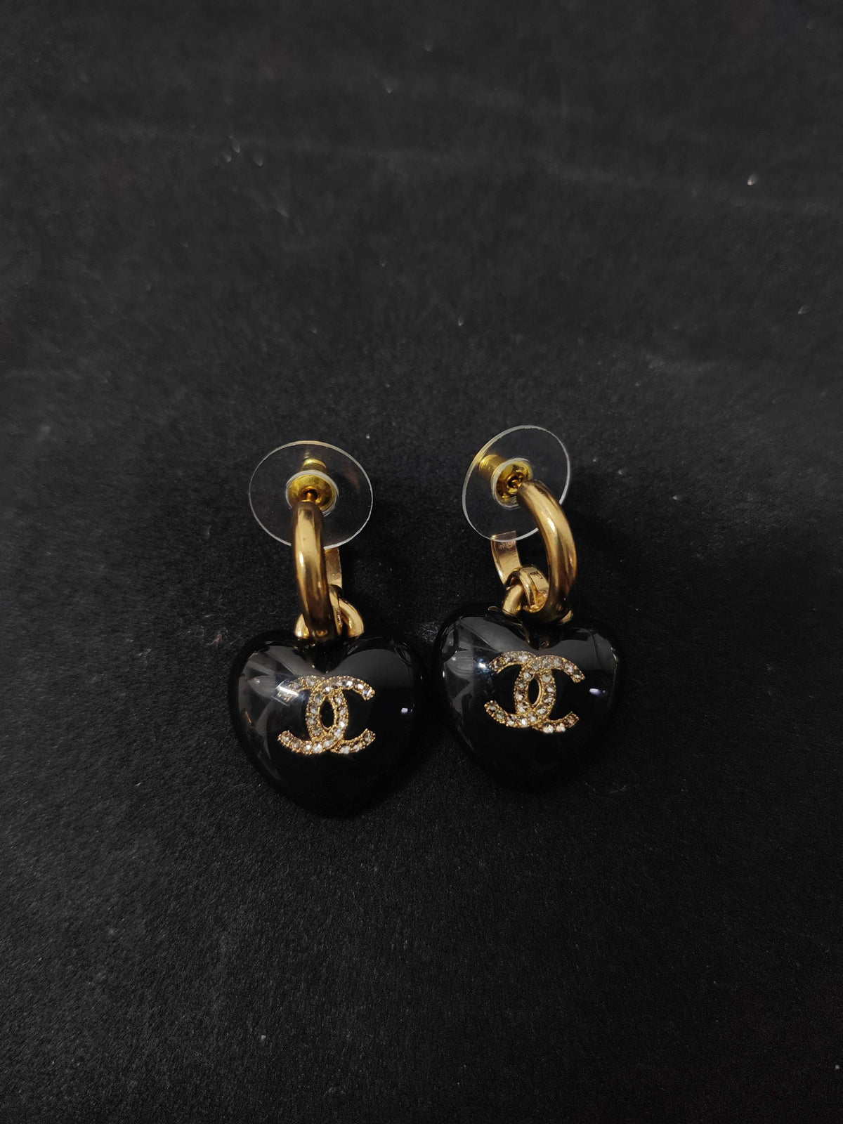 Chanel - Other - Gold-tone metal with black heart-shaped resin elements and crystal embellishment; composition not confirmed. - Black