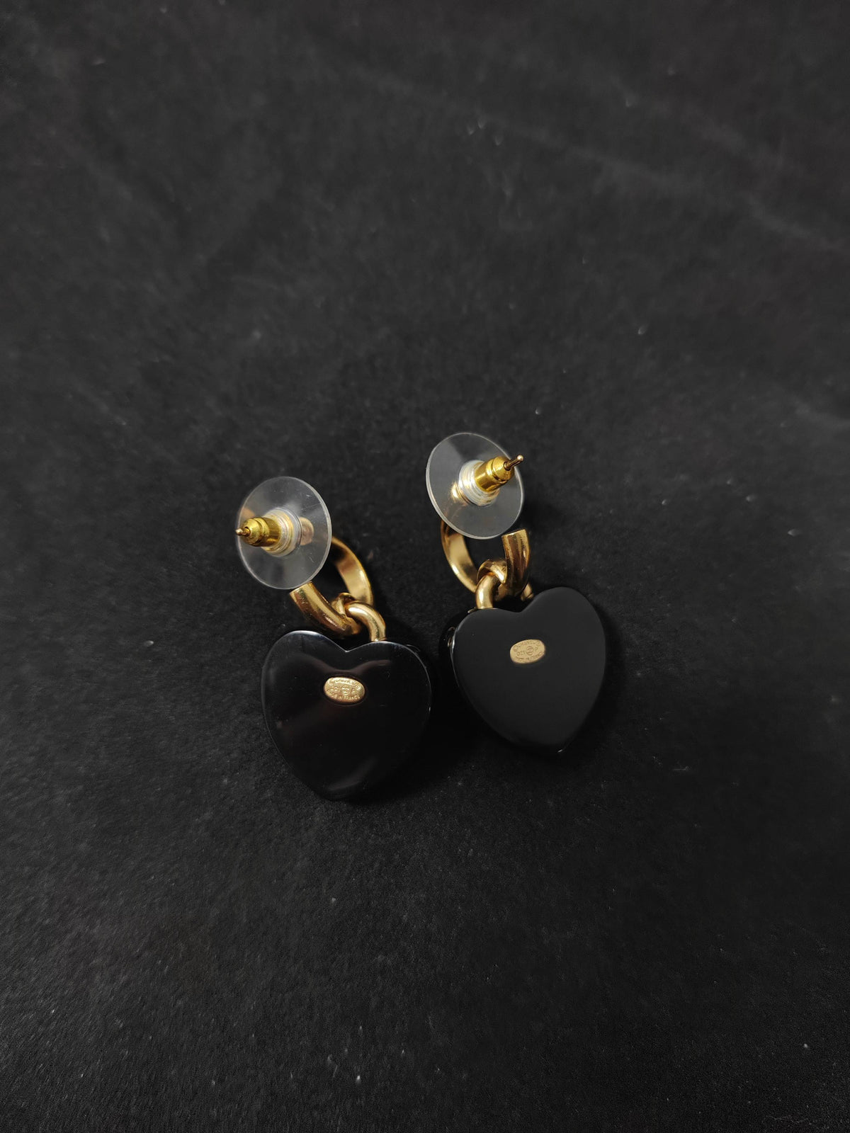 Chanel - Other - Gold-tone metal with black heart-shaped resin elements and crystal embellishment; composition not confirmed. - Black