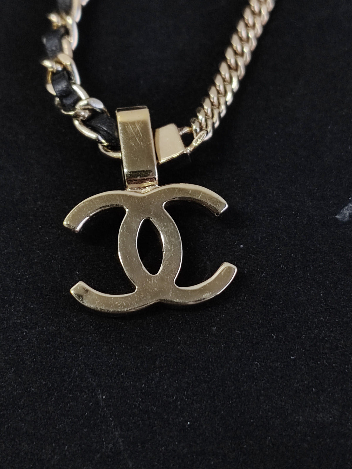 Chanel - Other - Gold-tone metal with black leather and clear rhinestone embellishment. - Multicolour