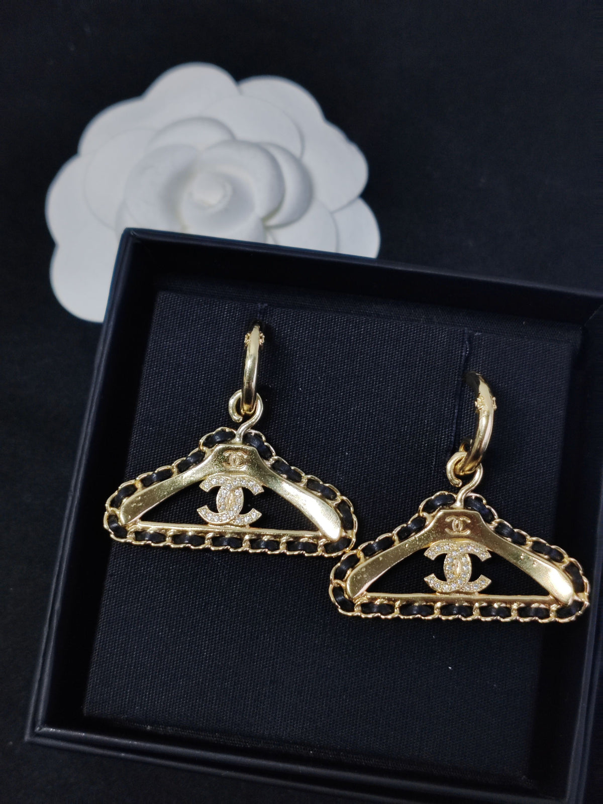 Chanel - Other - Gold-tone metal with black leather trim and crystal embellishment. - Gold