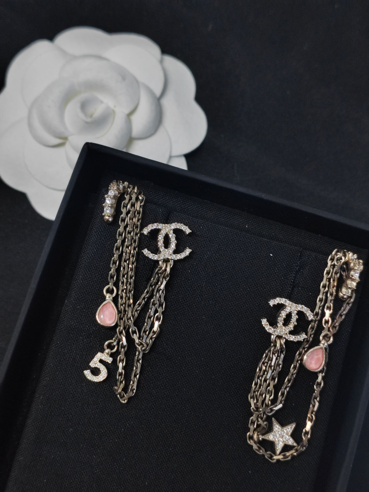 Chanel - Other - Gold-tone metal with clear crystal embellishments and pink drop accents; exact stone composition is unconfirmed. - Multicolour